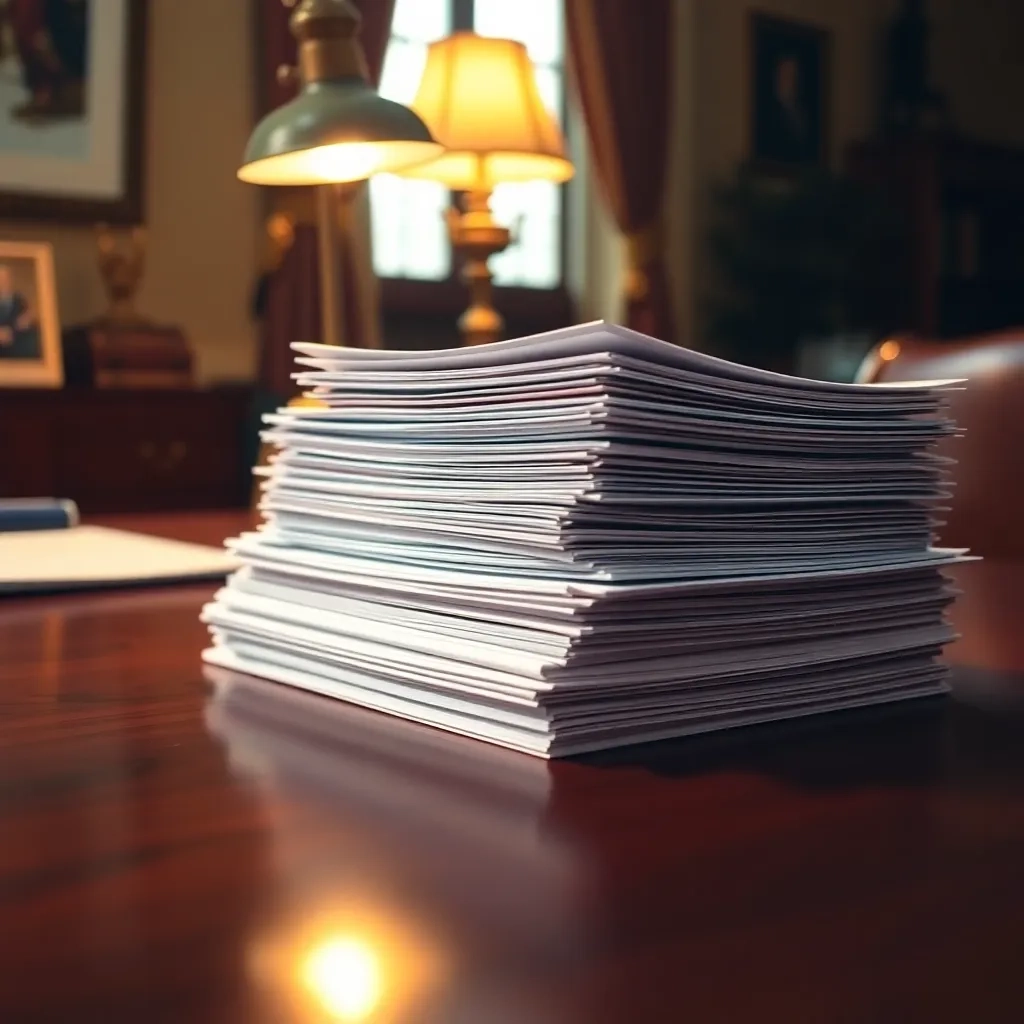 Documentos de la SUNAT apilados sobre escritorio de caoba, iluminados, simbolizando cumplimiento en Perú.