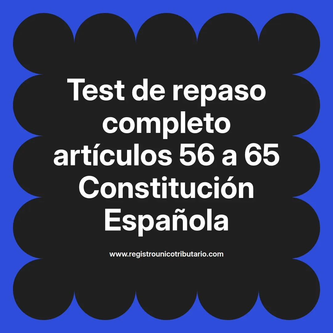 imagen destacada del post con un texto en el centro que dice Test de repaso completo artículos 56 a 65 Constitución Española y abajo del texto aparece el url de sitio web que es registro unico tributario punto com