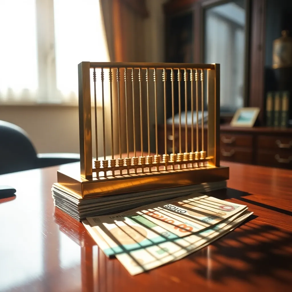 Ábaco bronce sobre billetes peruanos. Símbolo de tributaciones y gestión financiera en Perú.