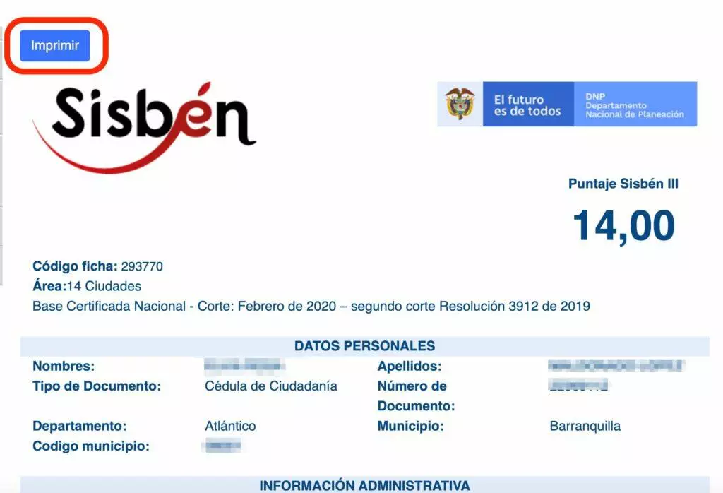 Certificado Sisben Nucleo Familiar