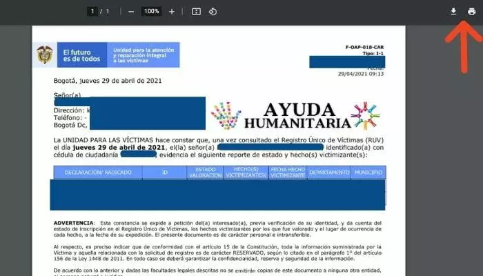 Descargar el certificado de desplazado por cedula