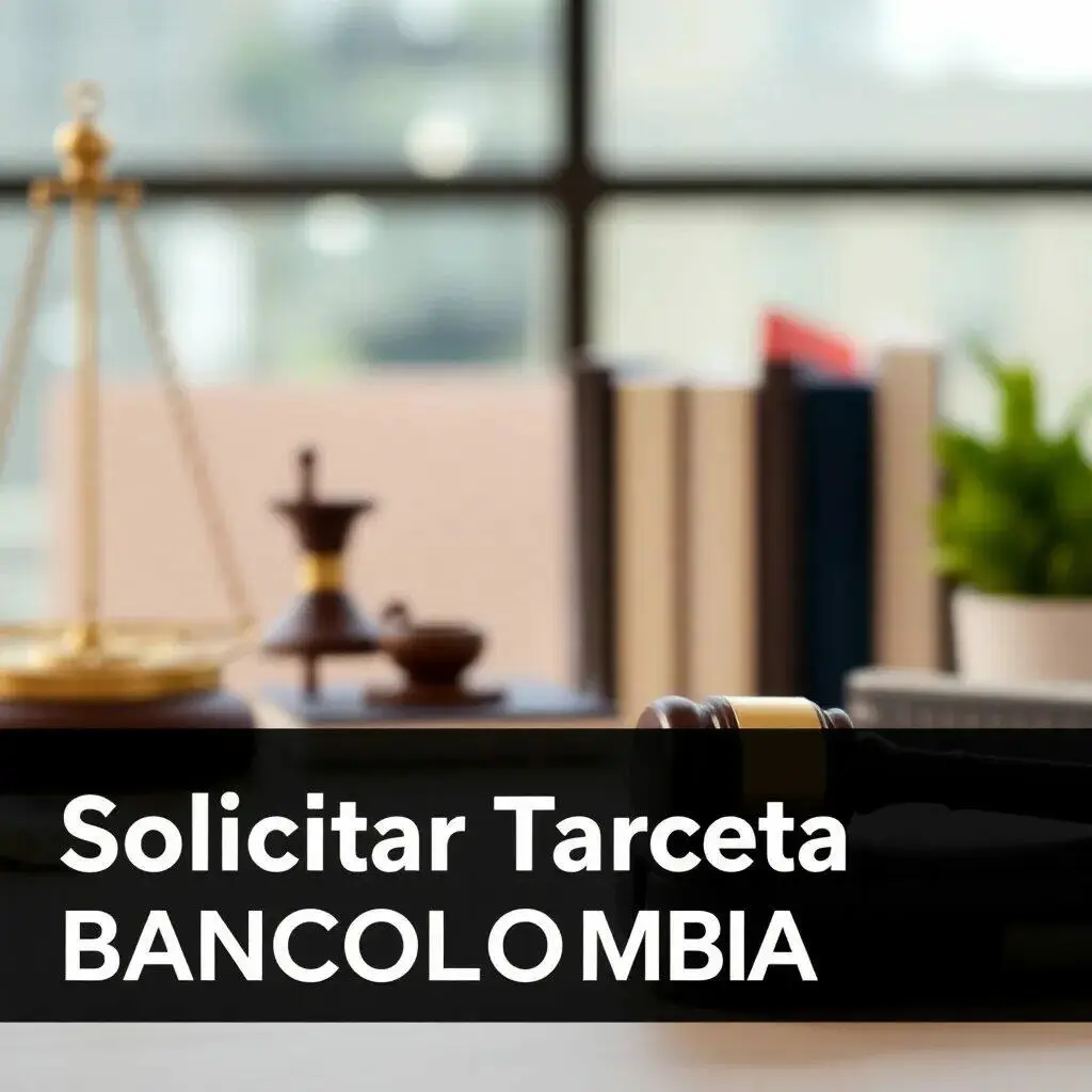 Imagen que muestra un entorno de oficina con elementos legales y una computadora, enfocándose en el texto que indica cómo solicitar la Tarjeta Bancolombia. Ideal para quienes buscan información sobre servicios financieros y legales.