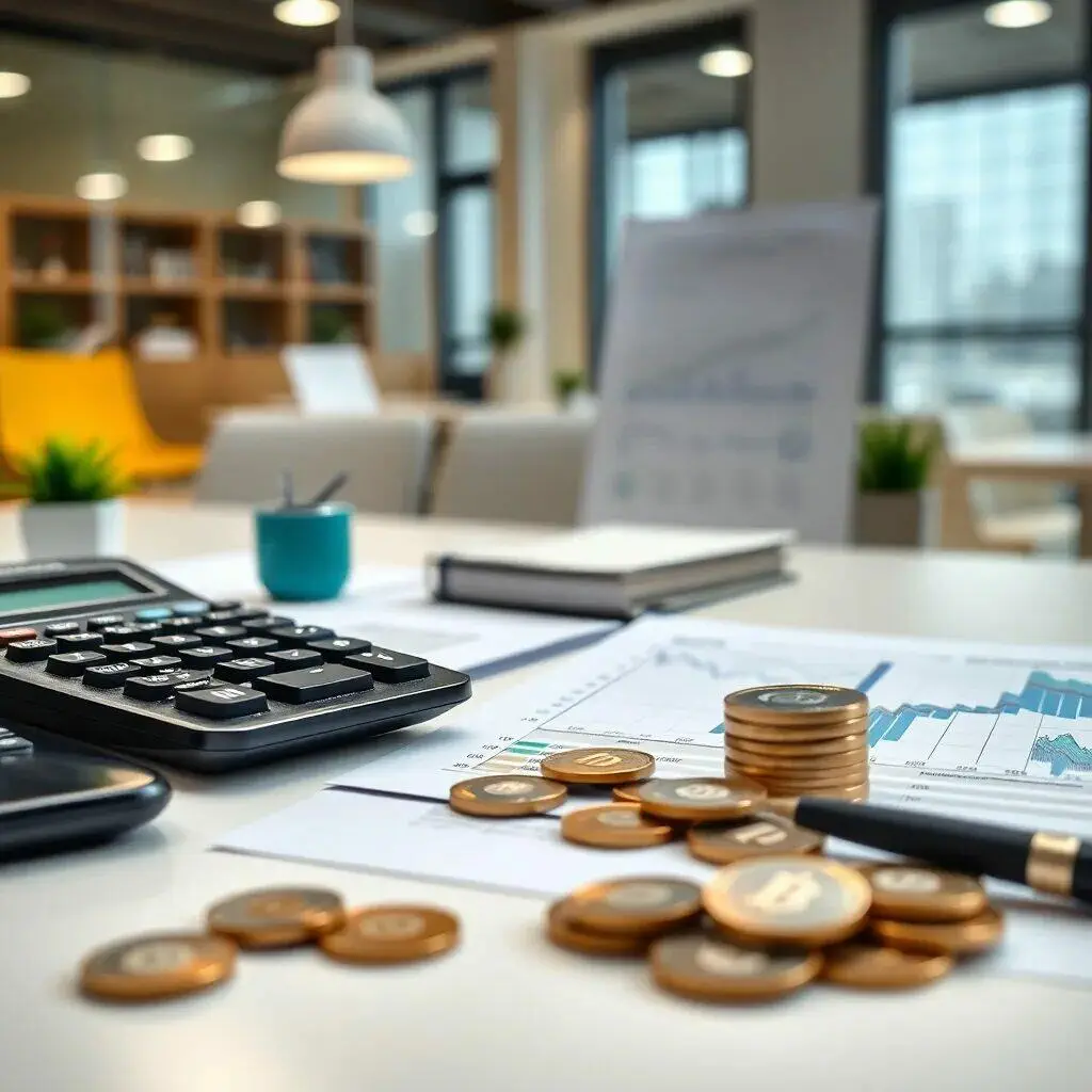 Imagen de un entorno de oficina moderna con una calculadora negra, gráficos financieros y monedas apiladas sobre una mesa. Se observa un cuaderno y un bolígrafo, así como un pequeño macetero con una planta. La luz natural entra por las ventanas, creando un ambiente propicio para el análisis financiero y la toma de decisiones. Ideal para ilustrar temas relacionados con la contabilidad, finanzas y gestión empresarial.