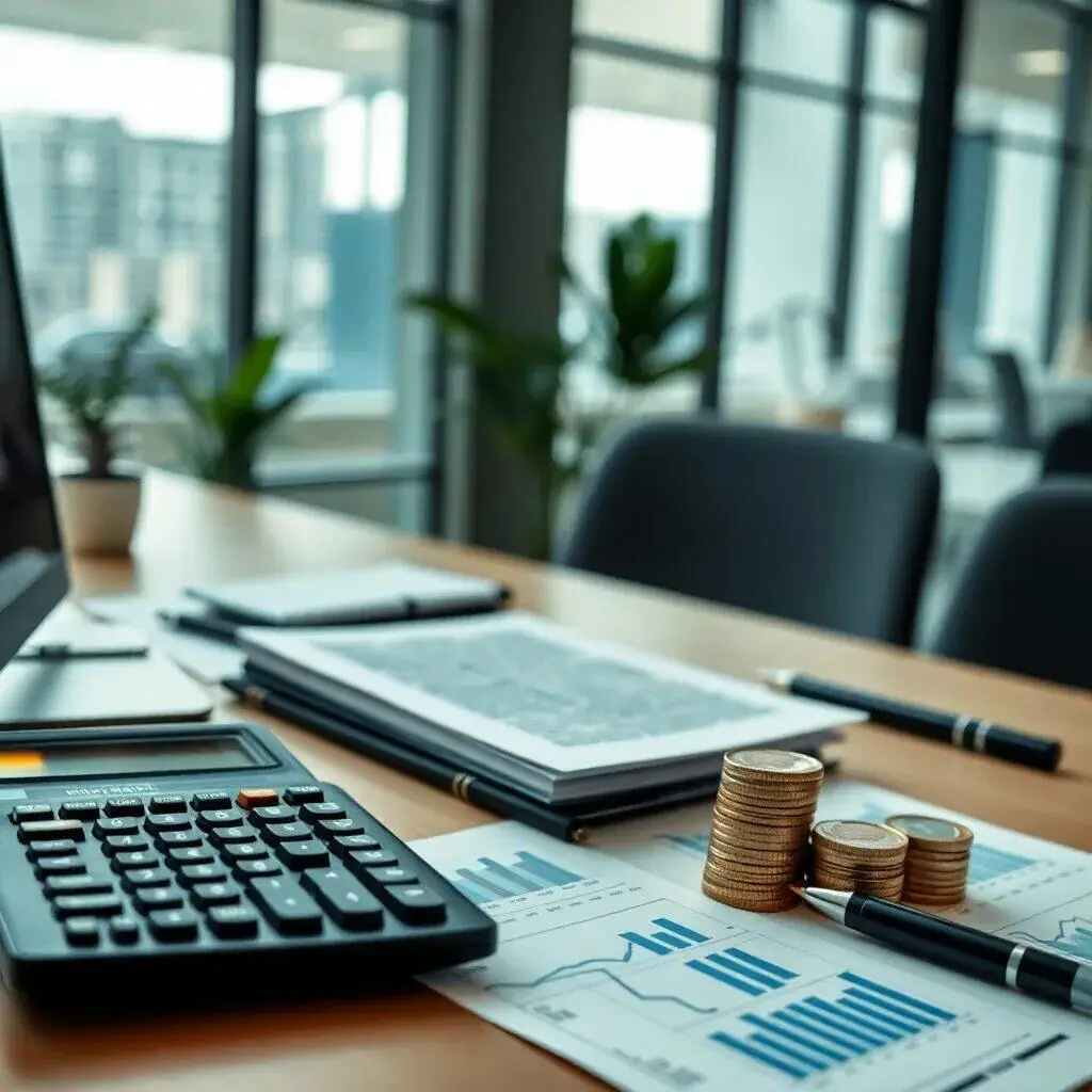 Imagen de un escritorio de oficina que muestra herramientas de trabajo financiero. En primer plano, se observa una calculadora, gráficos impresos con datos financieros y varias pilas de monedas. Al fondo, hay una laptop y documentos organizados, junto con un ambiente moderno y luminoso que sugiere un espacio de trabajo profesional. Esta imagen es ideal para ilustrar temas relacionados con la contabilidad, la inversión y la gestión financiera.