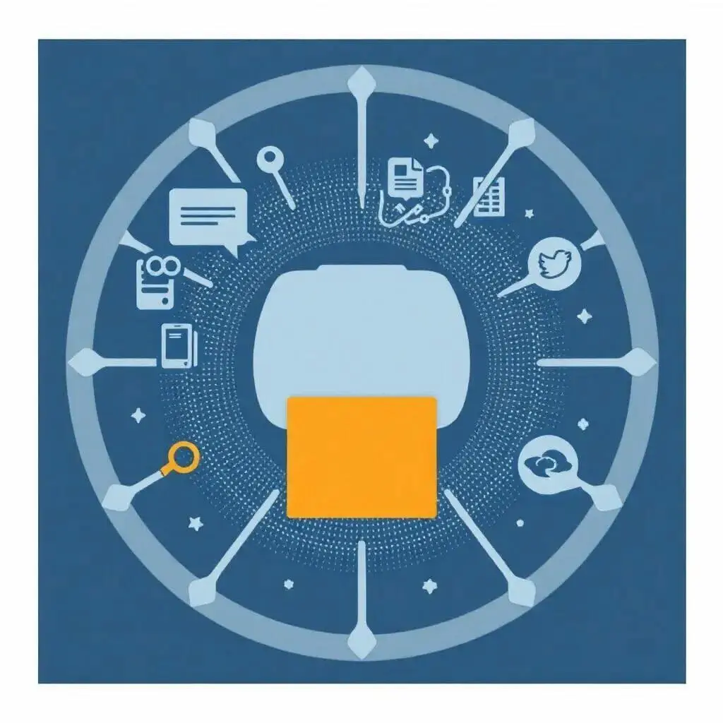 Imagen que representa un sistema de gestión de información. En el centro, un contenedor azul rodeado de íconos que simbolizan diversas herramientas y plataformas, como mensajería, documentos, redes sociales y análisis de datos. Este gráfico ilustra la interconexión de diferentes recursos digitales, destacando la importancia de la organización y el acceso eficiente a la información en un entorno tecnológico. Ideal para ilustrar conceptos de productividad y gestión de datos en un contexto empresarial.
