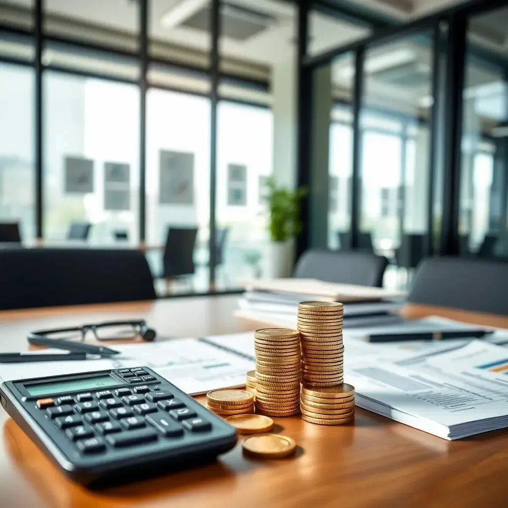 Imagen de un entorno de oficina moderna con una calculadora, monedas apiladas y documentos financieros sobre una mesa de madera. La luz natural entra a través de grandes ventanales, creando un ambiente profesional y organizado. Esta escena refleja la planificación financiera y la gestión de recursos, ideal para temas relacionados con la contabilidad y la inversión.