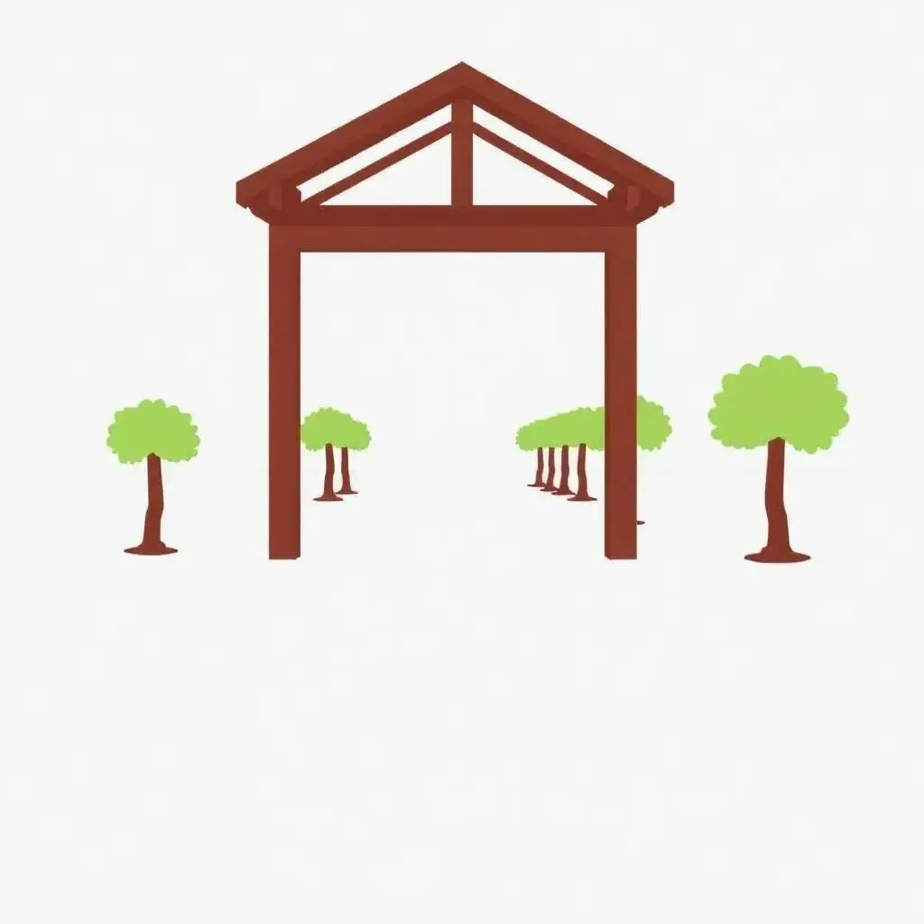 Estructura de entrada en un entorno natural rodeada de árboles verdes, diseñada con un estilo minimalista y moderno, ideal para eventos al aire libre o áreas recreativas.