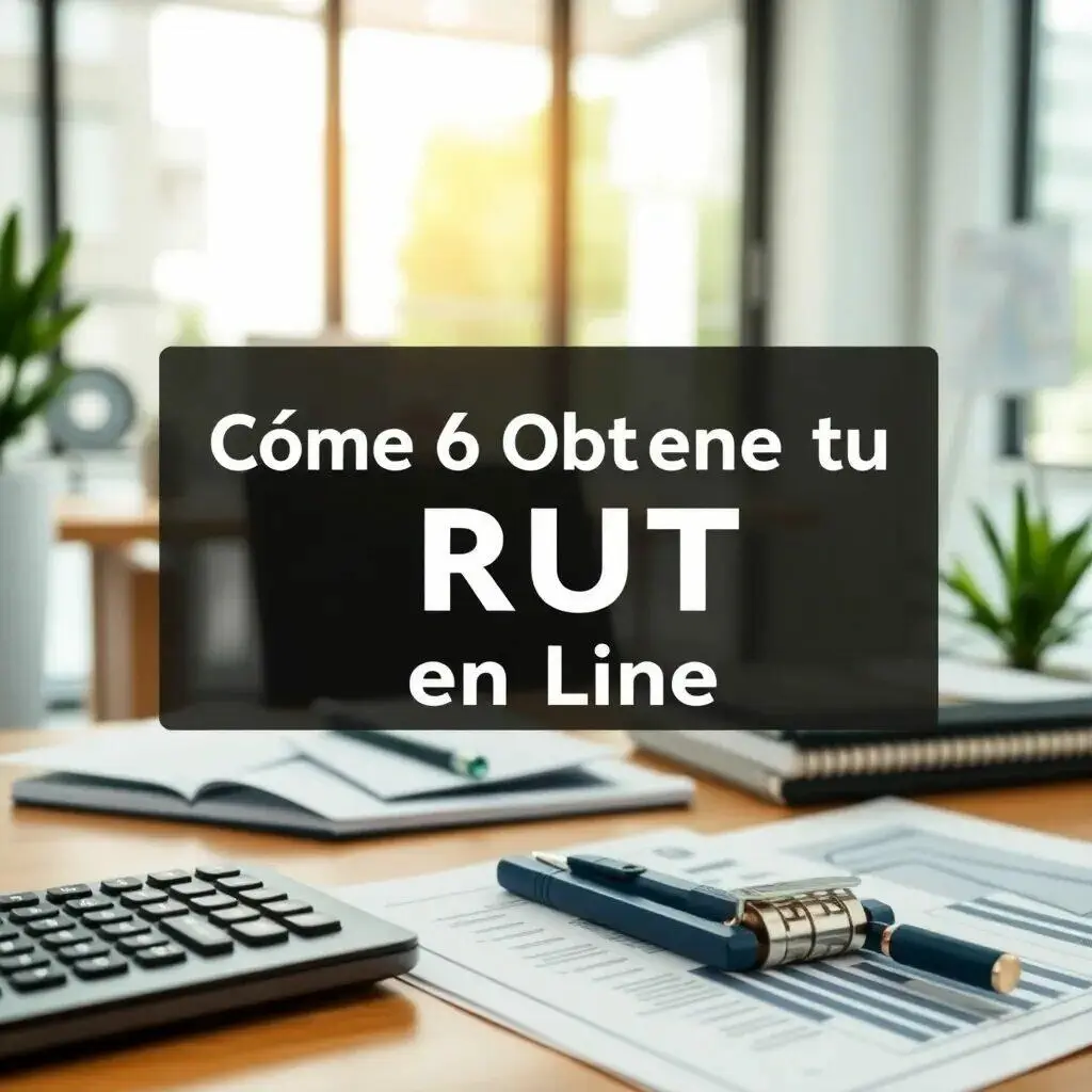 Cómo obtener tu RUT en línea con seis sencillos pasos en un entorno de oficina moderna con elementos de trabajo como calculadora, cuadernos y documentos.