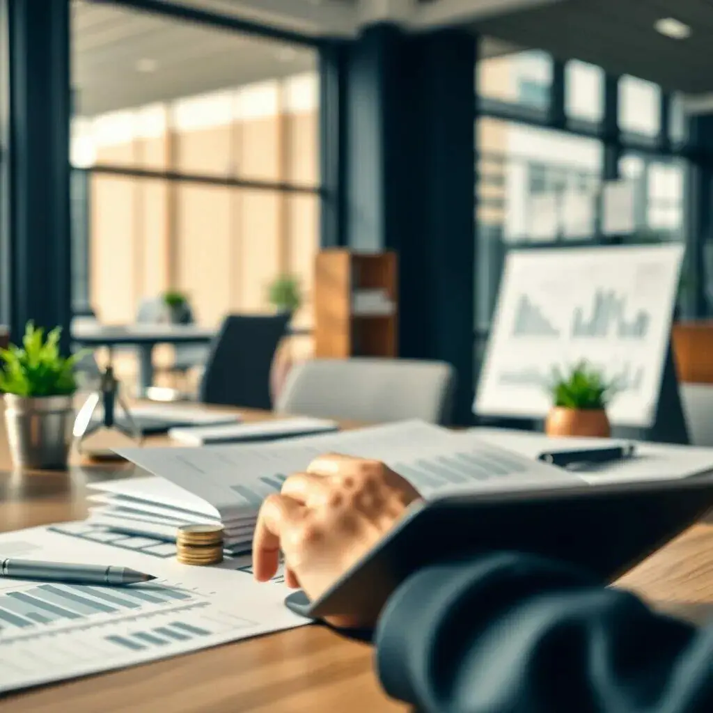 Imagen de un entorno de trabajo moderno donde una persona revisa informes financieros sobre una mesa de madera. Se pueden ver gráficos y datos en las hojas, junto con monedas apiladas, lo que sugiere un análisis de inversiones o presupuesto. En el fondo, hay plantas y una pantalla que muestra más gráficos, creando un ambiente profesional y organizado. Ideal para temas relacionados con finanzas, contabilidad y gestión empresarial.