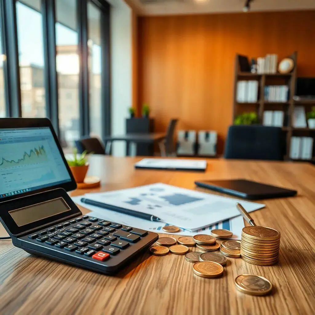 Imagen de un entorno de oficina moderna que incluye una calculadora sobre una mesa de madera. A su lado, hay monedas apiladas y documentos con gráficos financieros. En el fondo, se observan ventanas grandes que aportan luz natural, plantas decorativas y estanterías con archivos. Esta escena representa la gestión financiera y el análisis de datos en un ambiente profesional. Ideal para ilustrar temas sobre finanzas, contabilidad y productividad en el trabajo.