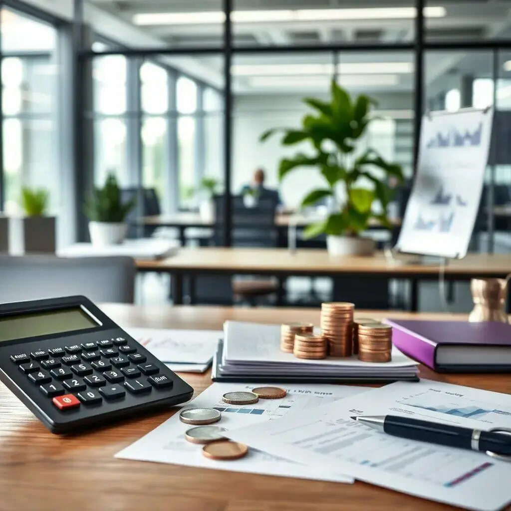 Imagen de un escritorio en una oficina moderna, donde se observa una calculadora, monedas y documentos financieros. En el fondo, se aprecian plantas decorativas y gráficos en una pizarra, lo que sugiere un ambiente de trabajo enfocado en la gestión financiera y el análisis de datos. Esta escena representa la planificación y el control financiero en un entorno corporativo.