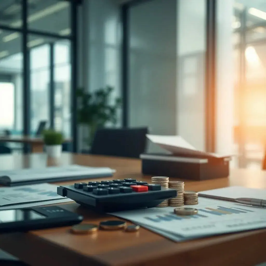 Imagen de un entorno de oficina moderna que muestra una mesa de trabajo con una calculadora, monedas apiladas y documentos financieros. La luz natural entra por las ventanas, creando un ambiente productivo. La escena refleja la organización y el análisis económico, ideal para temas de finanzas, contabilidad y gestión empresarial.