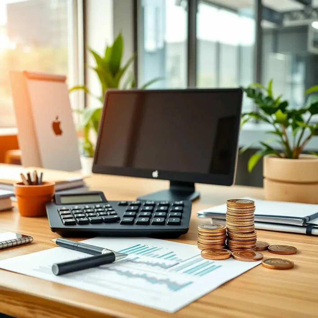 Escritorio moderno con un ordenador Apple y una calculadora, rodeado de documentos financieros y gráficos. Se observan pilas de monedas que representan ahorros o inversiones, junto a un bolígrafo y una libreta. Plantas decorativas añaden un toque de frescura al ambiente de trabajo. Ideal para ilustrar temas de finanzas, contabilidad o productividad en el hogar.