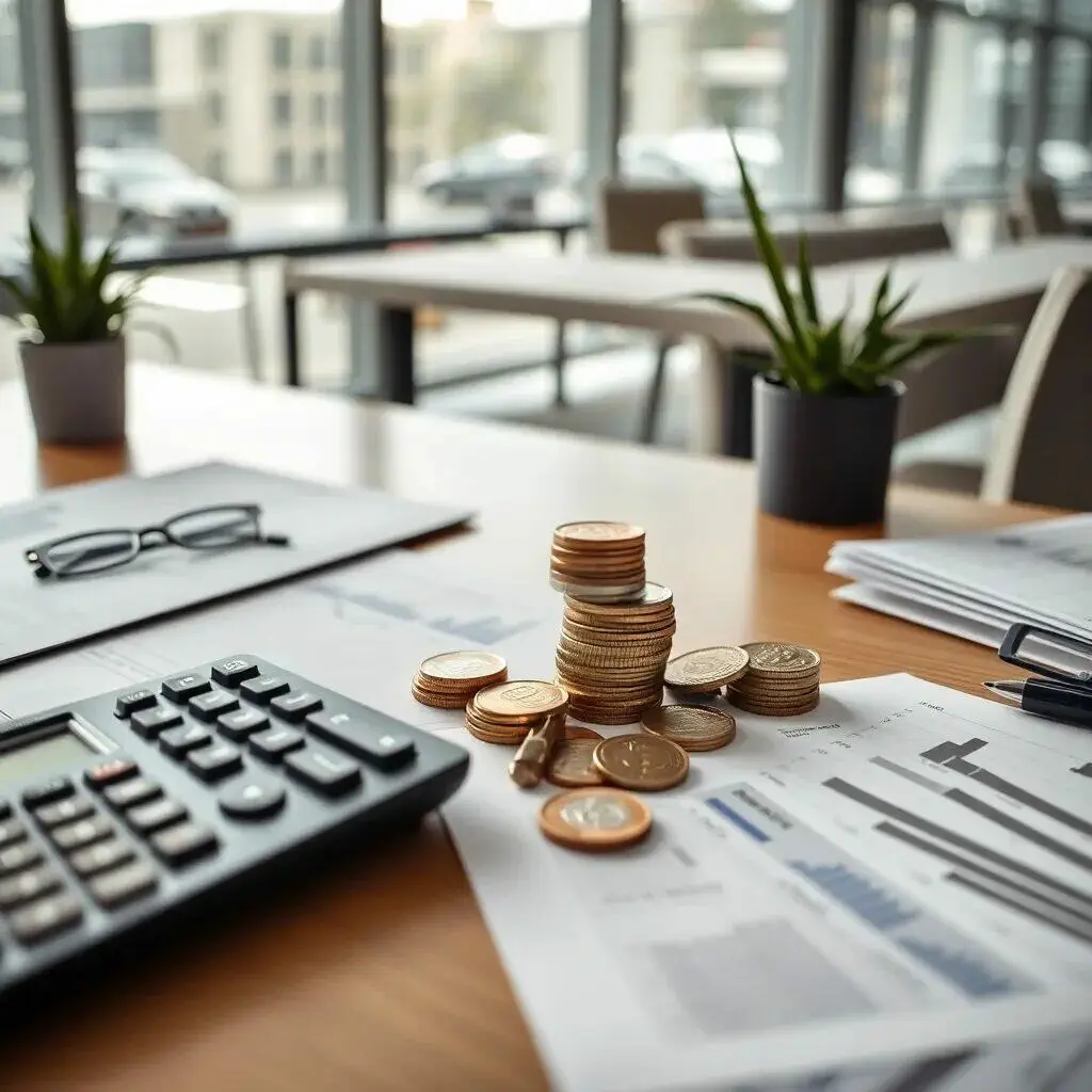 Imagen de un entorno de oficina moderno que muestra un escritorio con una calculadora, documentos financieros y pilas de monedas. Se pueden observar gráficos y reportes sobre la mesa, junto a unas gafas y una planta en maceta, todo en un ambiente iluminado por grandes ventanales. Esta imagen representa el concepto de finanzas, inversión y análisis económico en un contexto profesional. Ideal para ilustrar temas relacionados con la contabilidad, la gestión financiera y la planificación empresarial.