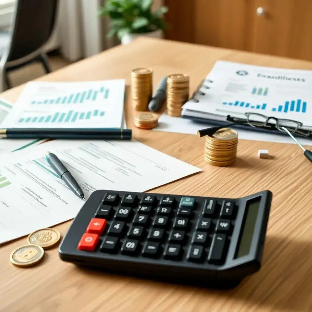 Mesa de trabajo con calculadora, documentos financieros, gráficos de crecimiento, bolígrafos y monedas apiladas, ideal para ilustrar conceptos de contabilidad y análisis financiero.