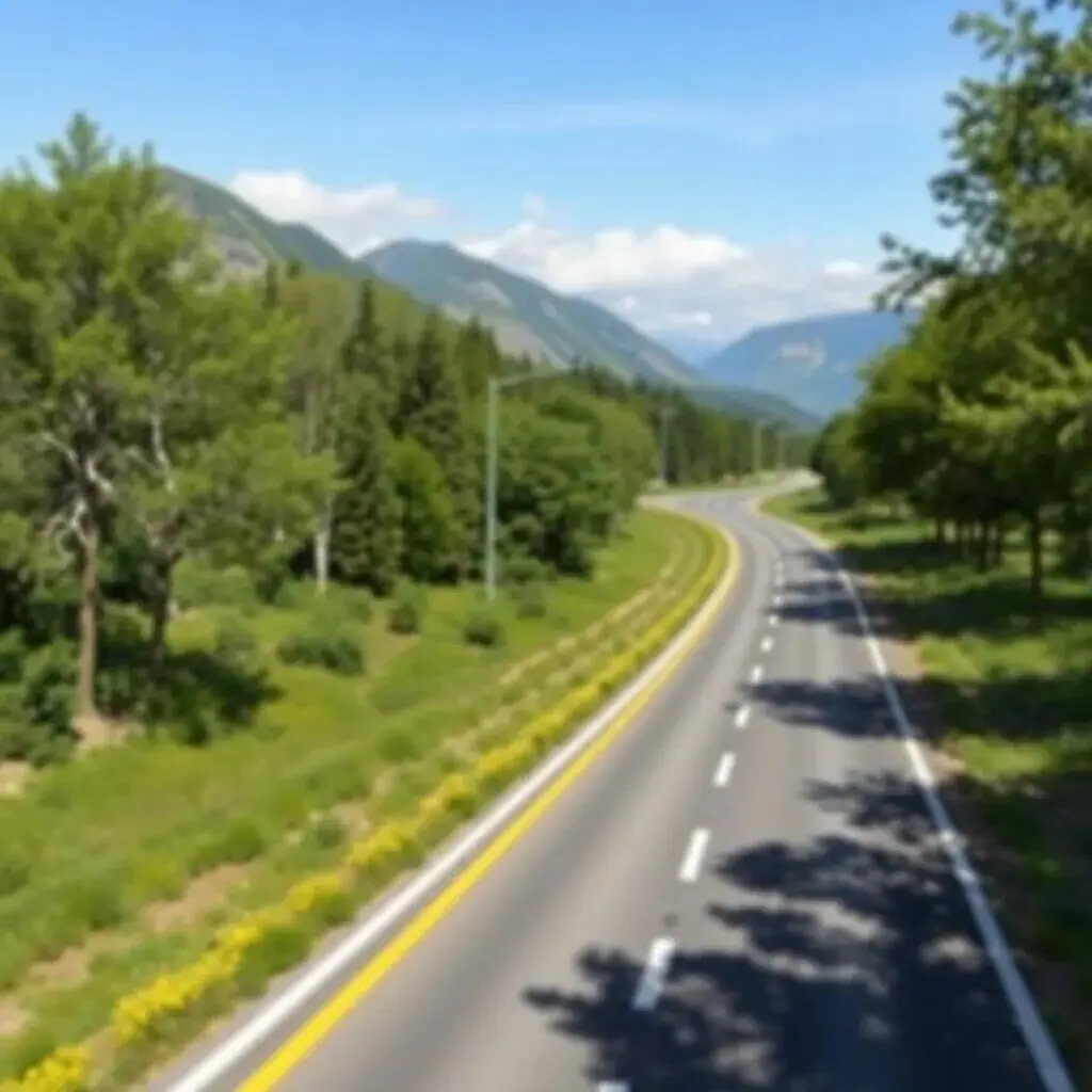 Carretera rodeada de vegetación y montañas bajo un cielo despejado, ideal para viajes y escapadas al aire libre.