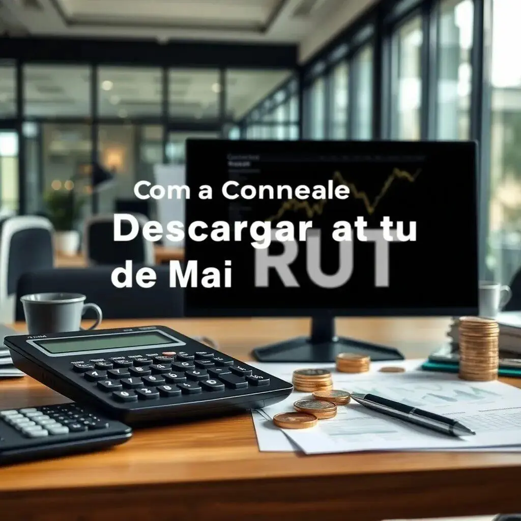 Escritorio de oficina moderna con una calculadora, monedas apiladas y documentos financieros. En el fondo, una pantalla de computadora muestra gráficos de tendencias. La imagen sugiere un ambiente de trabajo enfocado en la contabilidad y análisis financiero.