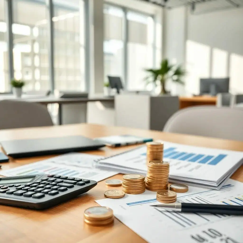Imagen de un entorno de oficina moderna con un enfoque en herramientas financieras. En la mesa se observan una calculadora, monedas apiladas y documentos con gráficos y análisis financieros. La luz natural entra a través de grandes ventanas, creando un ambiente profesional y organizado. Este espacio es ideal para la gestión de finanzas y planificación empresarial.