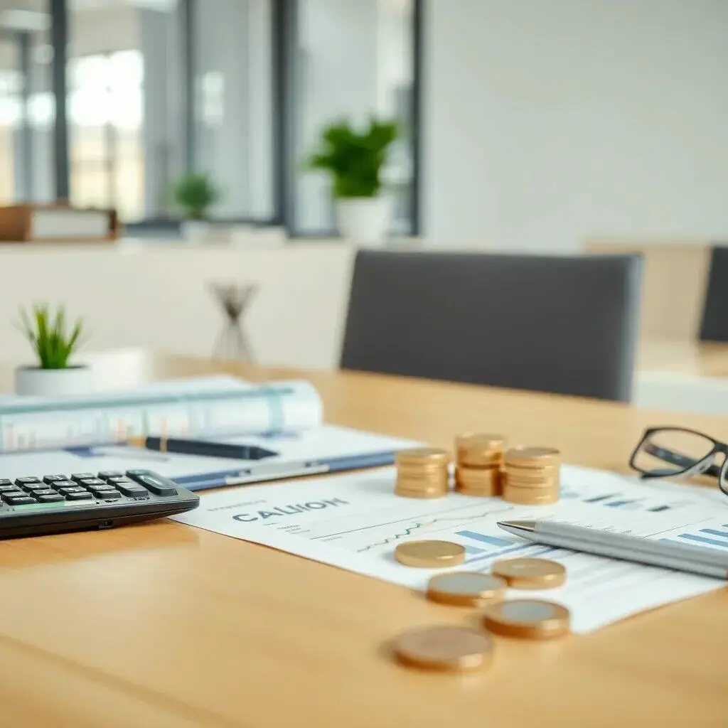Texto alternativo: Imagen de una oficina moderna con una mesa de madera clara. En la mesa se observa una calculadora, documentos financieros con gráficos, una pluma y varias monedas apiladas. Al fondo, se pueden ver plantas decorativas y sillas, lo que sugiere un ambiente profesional y organizado ideal para la gestión financiera.