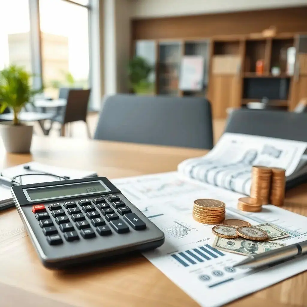 Imagen de una calculadora financiera sobre una mesa de madera, acompañada de monedas y billetes. En el fondo, se pueden ver gráficos impresos y un ambiente de oficina moderna con sillas y plantas decorativas. La escena sugiere un enfoque en la planificación financiera y el análisis de datos económicos.