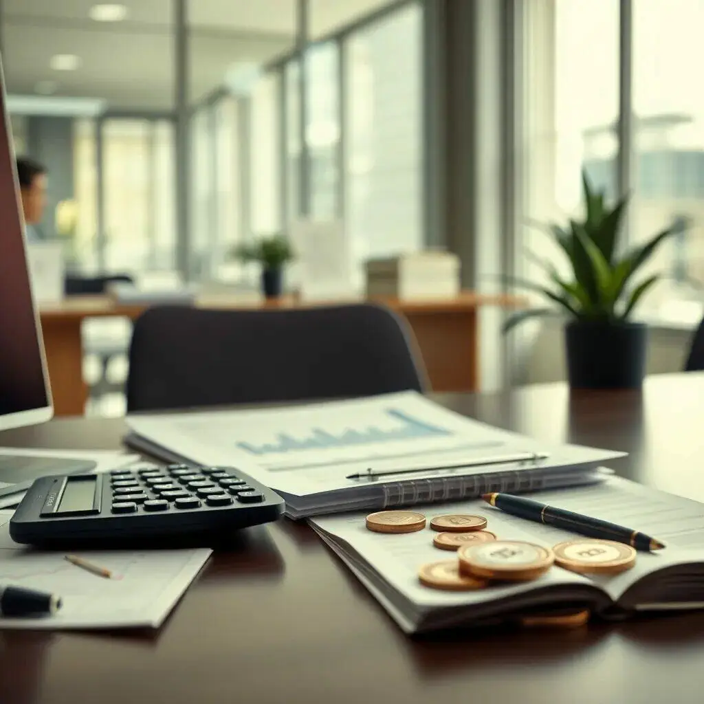 Imagen de un espacio de trabajo moderno que incluye una calculadora, hojas de informes financieros, una pluma y monedas, todo dispuesto sobre una mesa de madera. En el fondo, se puede ver un ambiente de oficina con luz natural y plantas decorativas. Esta imagen representa la organización y planificación financiera en un entorno profesional. Ideal para ilustrar temas relacionados con la contabilidad, la gestión de finanzas y el trabajo de oficina.