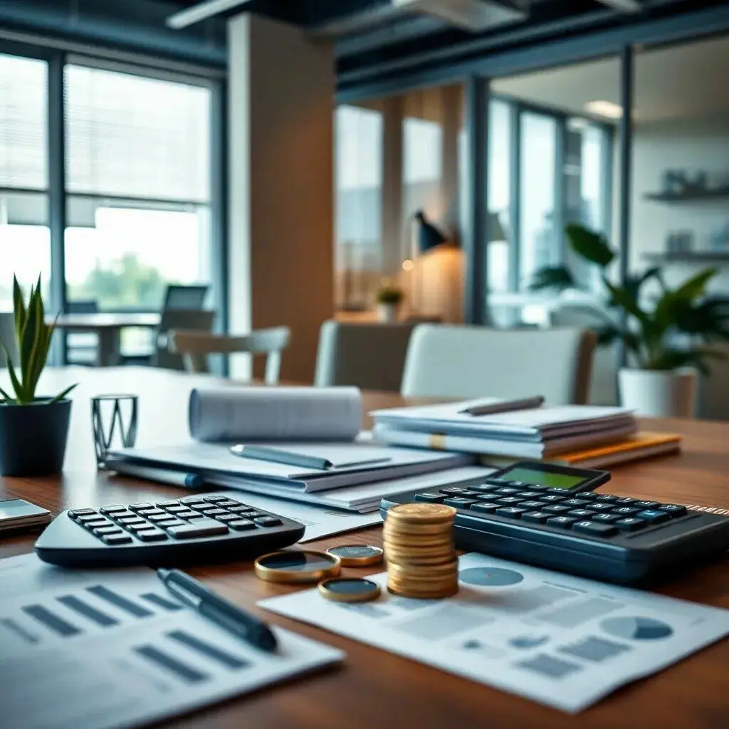 Escritorio de oficina moderna con documentos financieros, una calculadora y monedas apiladas. El entorno destaca por su iluminación natural y mobiliario contemporáneo. Ideal para temas de contabilidad, finanzas y gestión empresarial. Perfecto para ilustrar la planificación financiera y el análisis de datos en un espacio de trabajo eficiente.