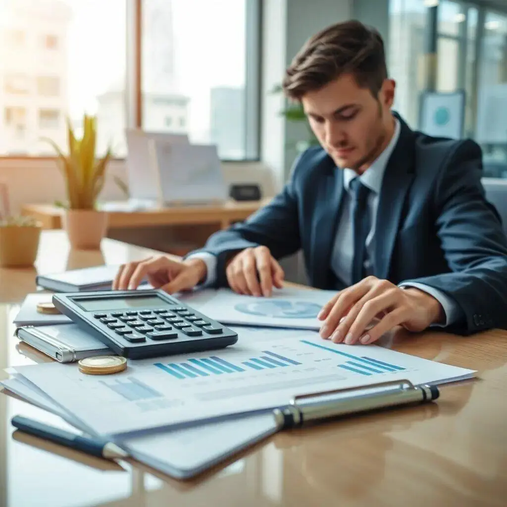 Un joven profesional en traje revisa gráficos y documentos financieros en un entorno de oficina moderno. En la mesa hay una calculadora y monedas, lo que sugiere un análisis detallado de datos económicos. La luz natural entra por la ventana, creando un ambiente productivo. Esta imagen representa la dedicación y el enfoque en la gestión financiera y la planificación empresarial. Ideal para ilustrar temas relacionados con finanzas, contabilidad y análisis de datos.