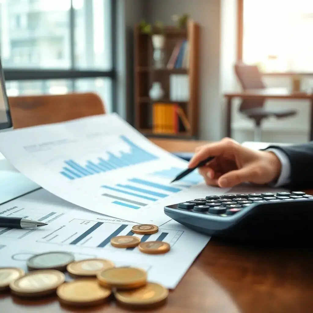 Imagen de un entorno de trabajo moderno que muestra un análisis financiero. Se observa una mano masculina sosteniendo un bolígrafo, apuntando a gráficos de barras en documentos sobre una mesa de madera. Junto a los documentos, hay una calculadora y monedas apiladas, lo que sugiere actividades de contabilidad o planificación financiera. La luz natural entra por una ventana, creando un ambiente productivo y profesional. Ideal para ilustrar temas de finanzas, inversión y análisis de datos.