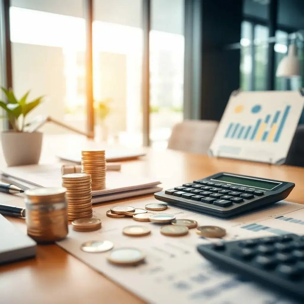 Mesa de trabajo con calculadora, monedas apiladas y documentos financieros en un entorno de oficina moderna, ideal para temas de contabilidad y gestión financiera.