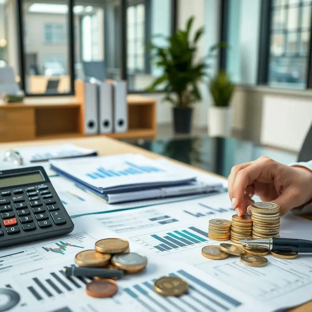 Imagen de un entorno de oficina moderna que muestra un escritorio con documentos financieros, gráficos y monedas apiladas. En primer plano, una calculadora y una mano organizando las monedas, lo que sugiere actividades relacionadas con la contabilidad o la gestión de finanzas. El fondo incluye estanterías con carpetas y una planta, creando un ambiente profesional y ordenado. Ideal para ilustrar conceptos de finanzas, contabilidad o análisis de datos.