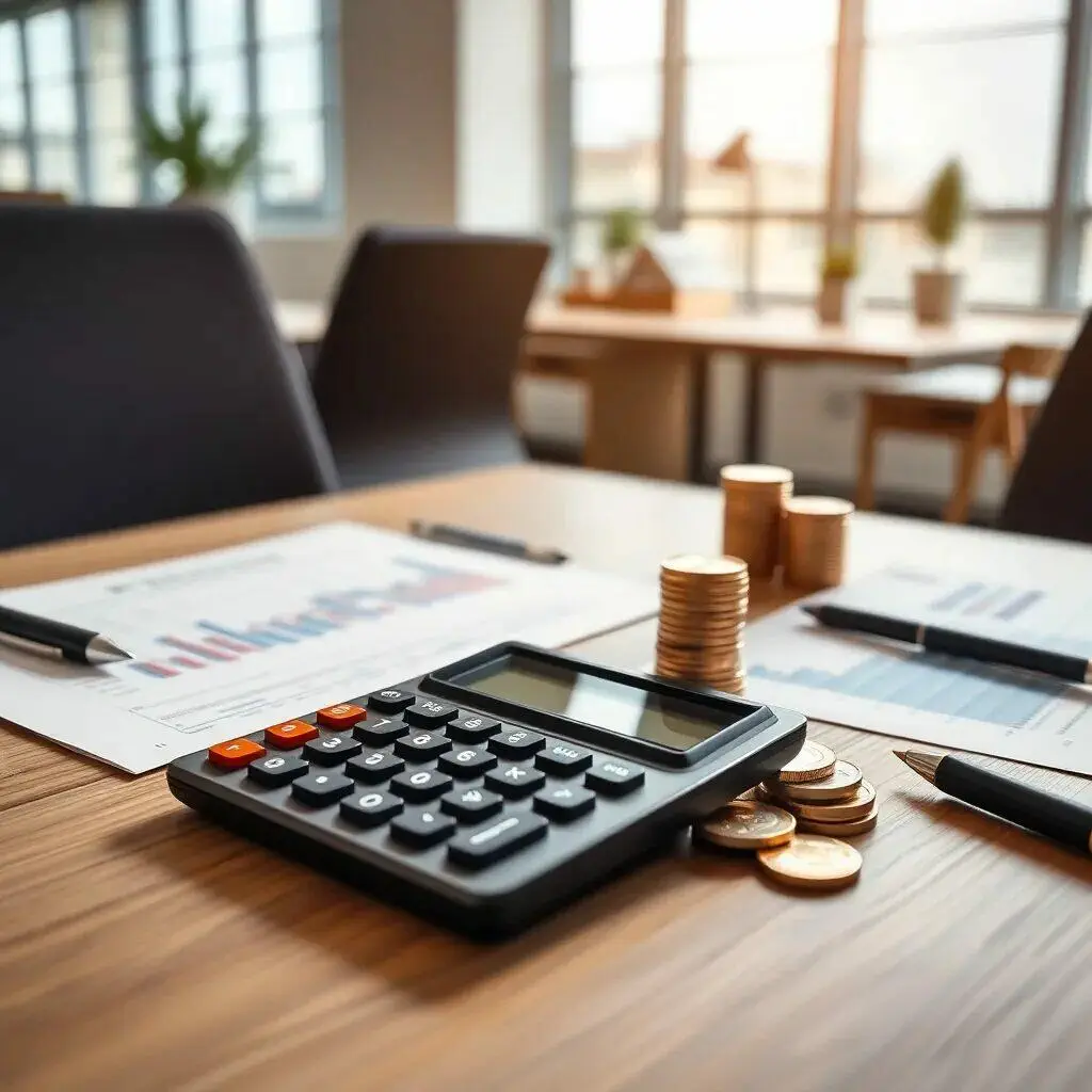 Imagen de un entorno de trabajo financiero que incluye una calculadora, monedas apiladas y gráficos sobre una mesa de madera. La calculadora, de diseño moderno, está acompañada por documentos que presentan análisis gráficos, lo que sugiere una actividad de planificación financiera o contable. La iluminación natural que entra por las ventanas crea un ambiente profesional y productivo, ideal para realizar cálculos y análisis económicos.