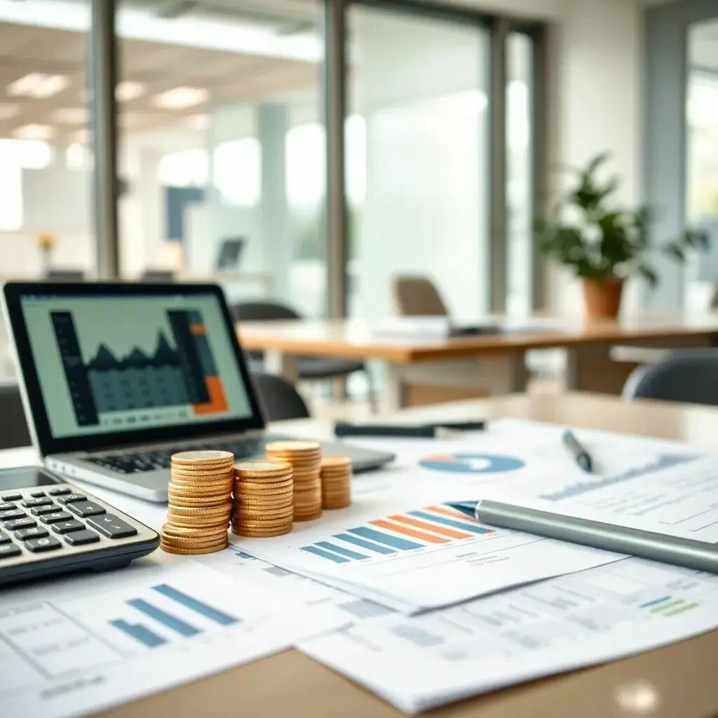Imagen de un entorno de oficina moderna que muestra un escritorio con una laptop abierta, exhibiendo gráficos financieros. A la izquierda, hay una calculadora y a la derecha, varios documentos con análisis de datos. En el centro, se apilan monedas doradas, simbolizando el crecimiento económico. Este espacio está iluminado por luz natural, con plantas decorativas al fondo, lo que sugiere un ambiente propicio para el trabajo y la planificación financiera. Ideal para ilustrar temas relacionados con finanzas