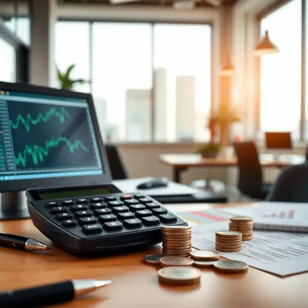 Escritorio de oficina con una calculadora, monedas apiladas y documentos financieros. En el fondo, se observa una pantalla de computadora mostrando gráficos de análisis de datos. La iluminación natural entra por las ventanas, creando un ambiente profesional y moderno. Ideal para temas relacionados con finanzas, contabilidad y gestión empresarial.