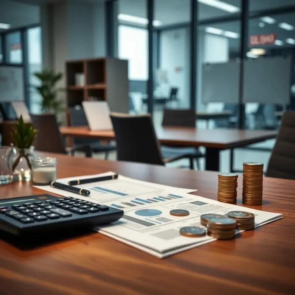 Escritorio de oficina con documentos financieros y gráficos, calculadora, bolígrafo y pilas de monedas, en un entorno moderno y bien iluminado, ideal para análisis contable y planificación financiera.