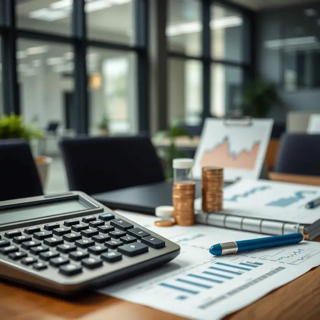 Imagen de un escritorio de oficina con una calculadora, gráficos financieros impresos, monedas apiladas y un bolígrafo azul. El entorno es moderno y luminoso, ideal para el análisis y la gestión financiera.