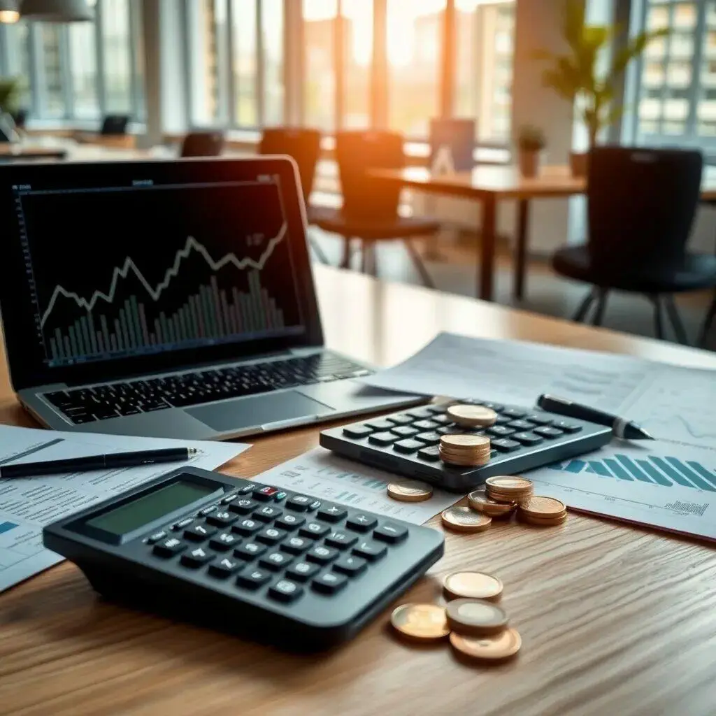 Imagen de un entorno de trabajo moderno, con un ordenador portátil que muestra gráficos de análisis financiero, una calculadora, monedas y documentos con datos estadísticos sobre una mesa de madera. La luz natural entra por las ventanas, creando una atmósfera productiva ideal para la contabilidad y la gestión financiera. Este espacio refleja la importancia de la tecnología y el análisis de datos en la toma de decisiones económicas.