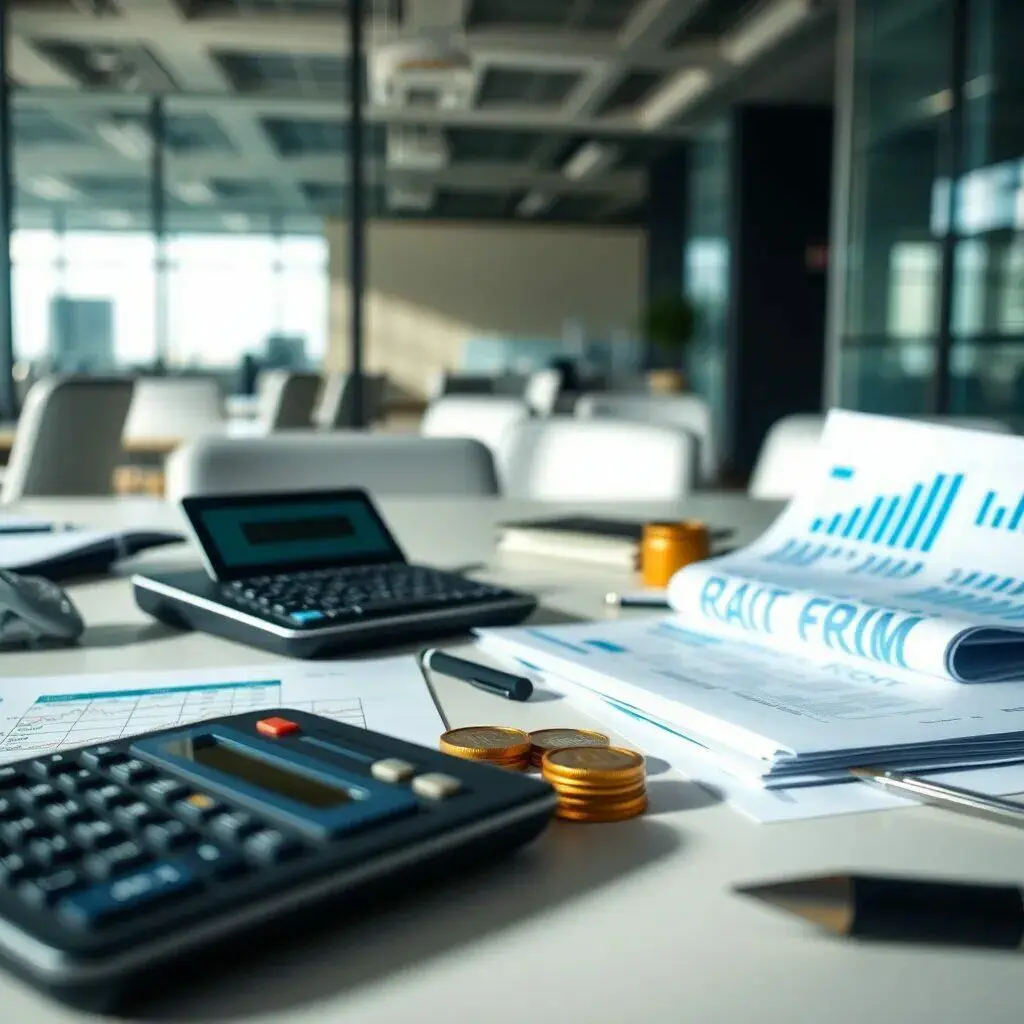 Imagen de un entorno de oficina moderno y despejado, donde se observan herramientas de trabajo como una calculadora, documentos con gráficos y datos financieros, monedas apiladas y un bolígrafo. La luz natural entra por grandes ventanales, creando un ambiente profesional ideal para la planificación y análisis financiero. Este espacio refleja la organización y la eficiencia necesarias en el ámbito empresarial.