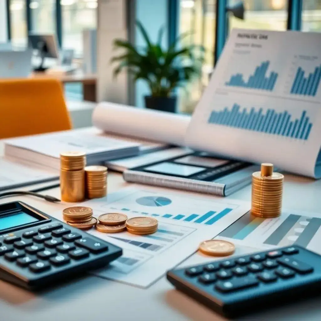 Escritorio de oficina con documentos financieros y gráficos de análisis. En la imagen se observan calculadoras, monedas apiladas y gráficos que muestran datos estadísticos. La iluminación natural resalta el ambiente profesional, ideal para la planificación financiera y la gestión de inversiones. Este entorno refleja la importancia de un análisis detallado en la toma de decisiones económicas.