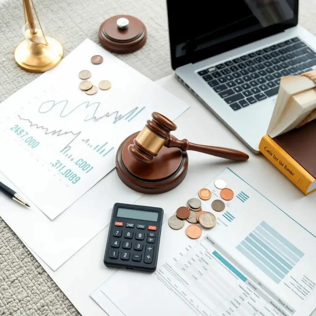 Imagen que muestra un escritorio de trabajo relacionado con el ámbito legal y financiero. Se observa un martillo de juez, monedas, un calculador y documentos con gráficos financieros. También hay un laptop y libros, lo que sugiere un entorno profesional enfocado en la contabilidad y el derecho. Ideal para ilustrar temas de asesoría legal, gestión financiera y análisis de datos económicos.