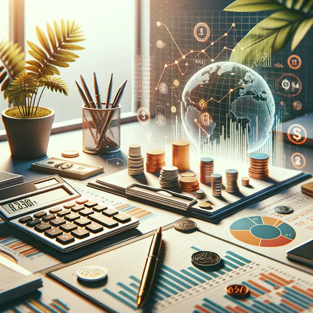 Imagen que muestra un entorno de trabajo financiero y contable. En la mesa hay una calculadora, gráficos y hojas de cálculo, así como pilas de monedas y billetes. Un recipiente con bolígrafos y una planta decorativa añaden un toque natural. En el fondo, se visualiza un globo terráqueo digital con elementos gráficos que representan datos y estadísticas económicas. Esta imagen evoca la gestión financiera, la inversión y el análisis de datos en un contexto moderno. Ideal para