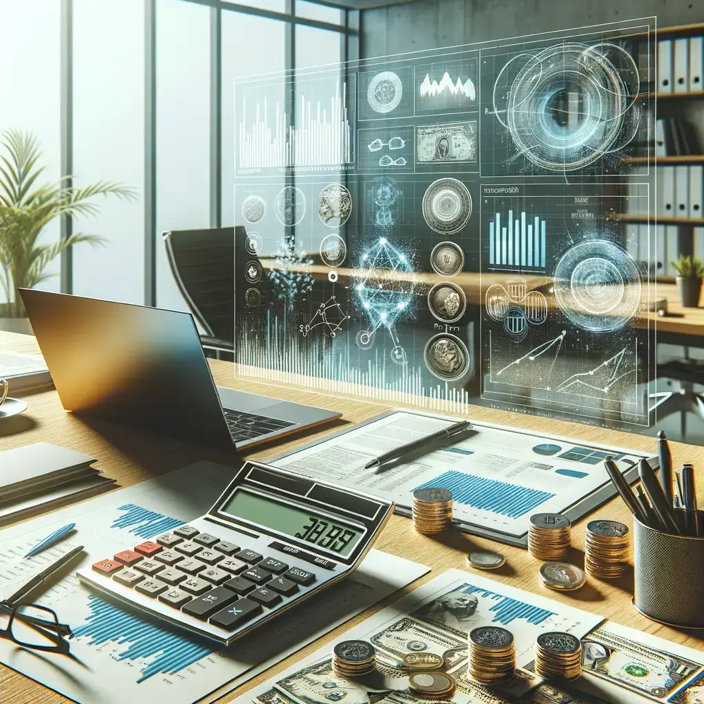 Imagen de un entorno de trabajo moderno, donde se observa un escritorio con una computadora portátil, una calculadora y documentos financieros. En el fondo, se destacan gráficos y datos holográficos relacionados con finanzas y criptomonedas. La escena refleja un ambiente profesional y tecnológico, ideal para la gestión de datos económicos y análisis financiero. Elementos como monedas apiladas y billetes sugieren un enfoque en la contabilidad y la inversión.
