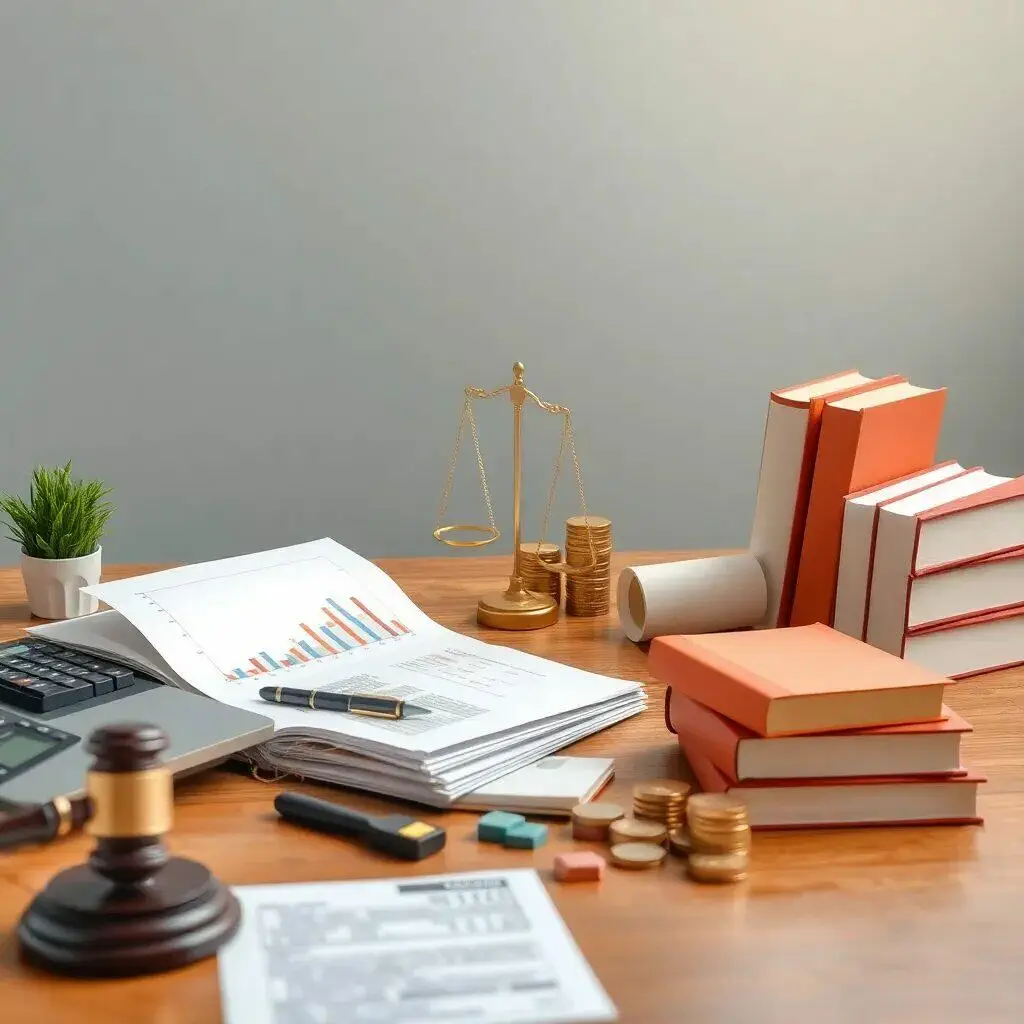 Imagen que representa un entorno de trabajo legal y financiero. Se observa una mesa de madera con documentos, gráficos y un calculador, simbolizando la gestión de datos y análisis. También hay una balanza de justicia dorada, lo que sugiere un enfoque en el derecho y la equidad. Además, se aprecian libros de derecho de color naranja, monedas apiladas y un mazo de juez, elementos que destacan la importancia de la ley y la economía en el ámbito profesional.
