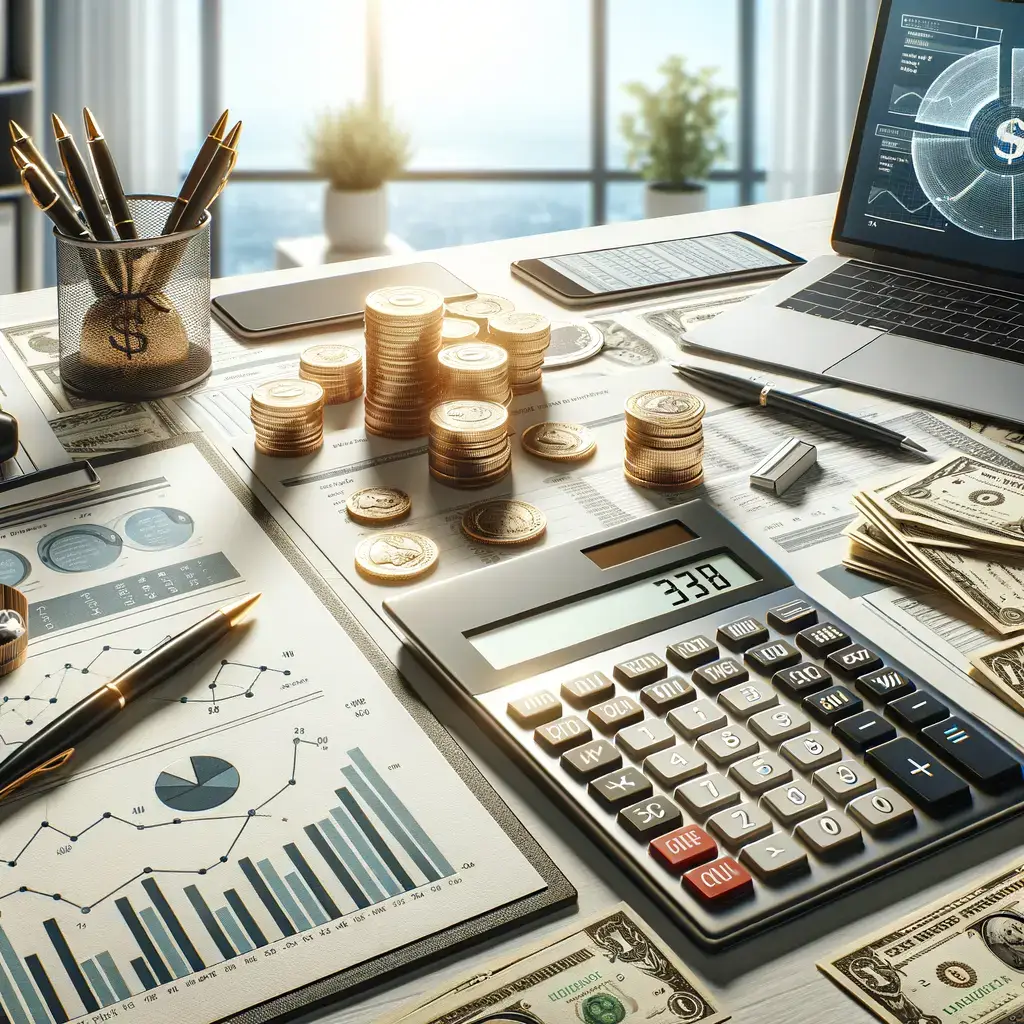 Imagen de un escritorio de oficina con herramientas financieras. En la mesa se observan monedas apiladas, billetes de dólar y gráficos financieros impresos que muestran datos estadísticos. También hay una calculadora, un bolígrafo y una laptop con gráficos digitales que representan análisis económicos. La luz natural entra por una ventana, creando un ambiente profesional y productivo, ideal para la gestión financiera y la planificación de negocios.
