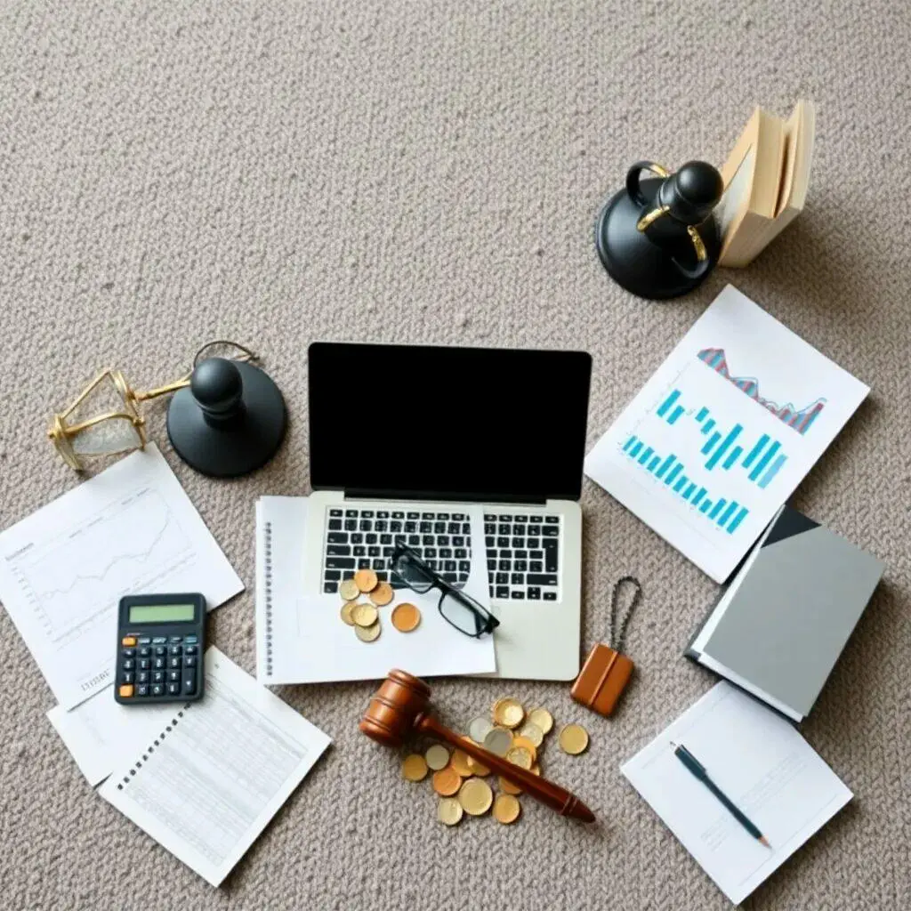 Imagen de un entorno de trabajo profesional que incluye un ordenador portátil, documentos financieros, una calculadora y monedas, junto a un martillo de juez y una lámpara. Los gráficos y estadísticas en las hojas de papel sugieren análisis de datos y planificación financiera. Este espacio está diseñado para actividades legales y contables, reflejando un enfoque en la organización y la productividad en el ámbito empresarial. Ideal para ilustrar temas de finanzas, derecho y gestión empresarial.