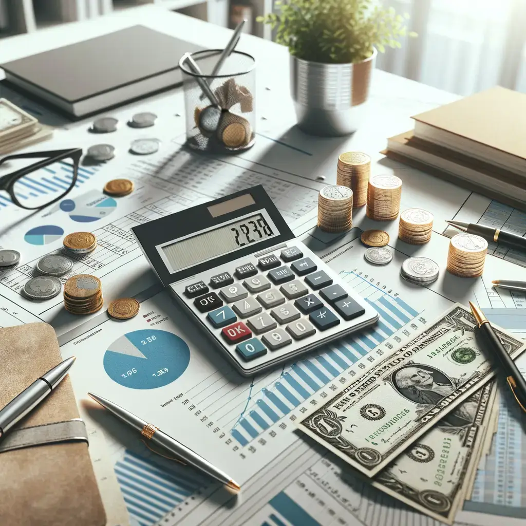 Imagen de un escritorio de trabajo con elementos financieros. Se observa una calculadora digital con el número 2278 en pantalla, rodeada de monedas apiladas y sueltas. Hay gráficos y documentos con datos estadísticos, así como billetes de dólar. También se aprecian dos bolígrafos y una libreta, todo dispuesto de manera organizada, reflejando un ambiente dedicado a la contabilidad y la gestión financiera. Ideal para temas relacionados con finanzas, contabilidad y análisis de