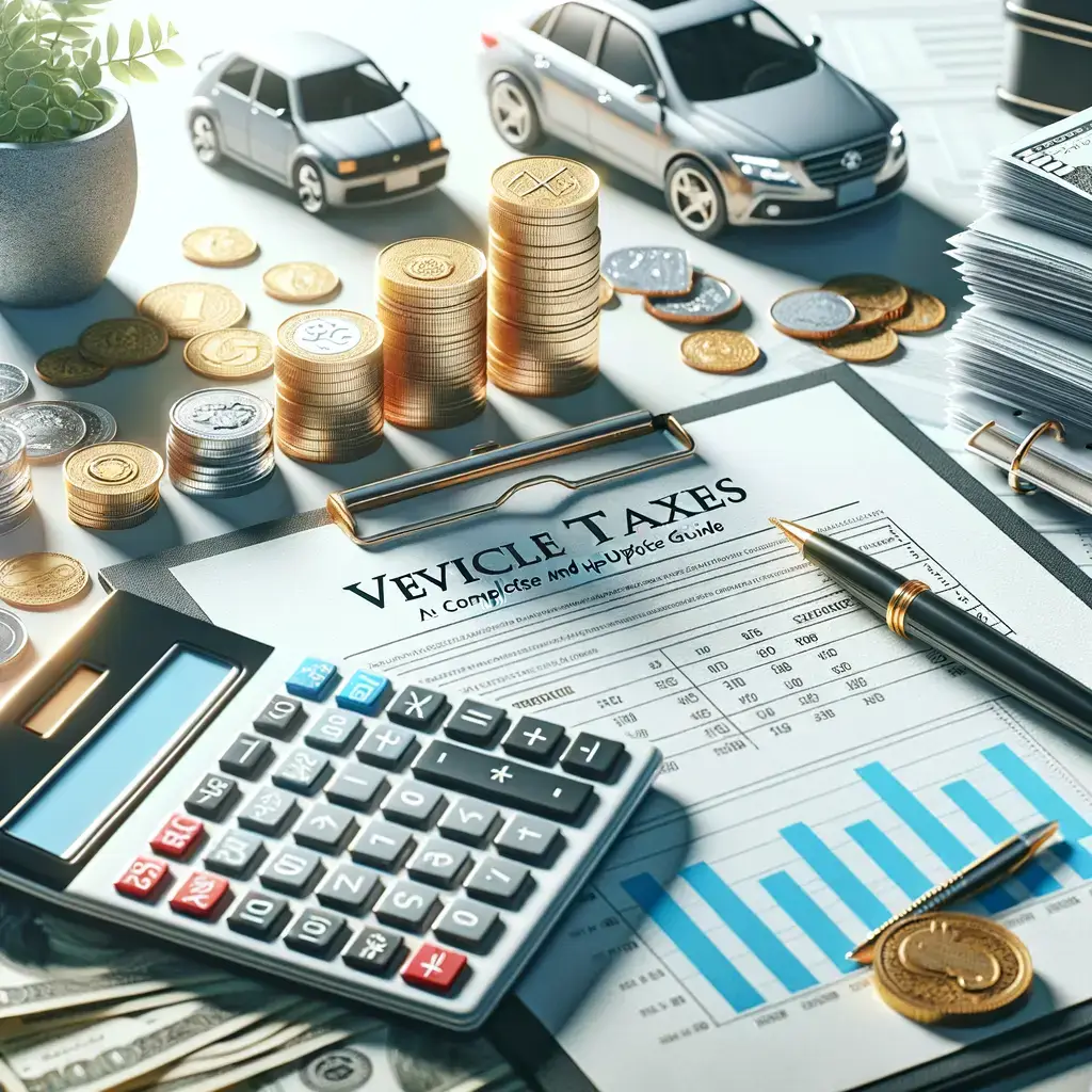 Texto alternativo: Imagen centrada en la gestión de impuestos de vehículos, mostrando una calculadora, documentos de impuestos con gráficos, monedas apiladas, billetes y modelos a escala de automóviles. La escena ilustra el proceso de planificación financiera relacionado con los impuestos vehiculares, destacando la importancia de una correcta documentación y cálculo. Ideal para temas de finanzas personales y gestión de impuestos.