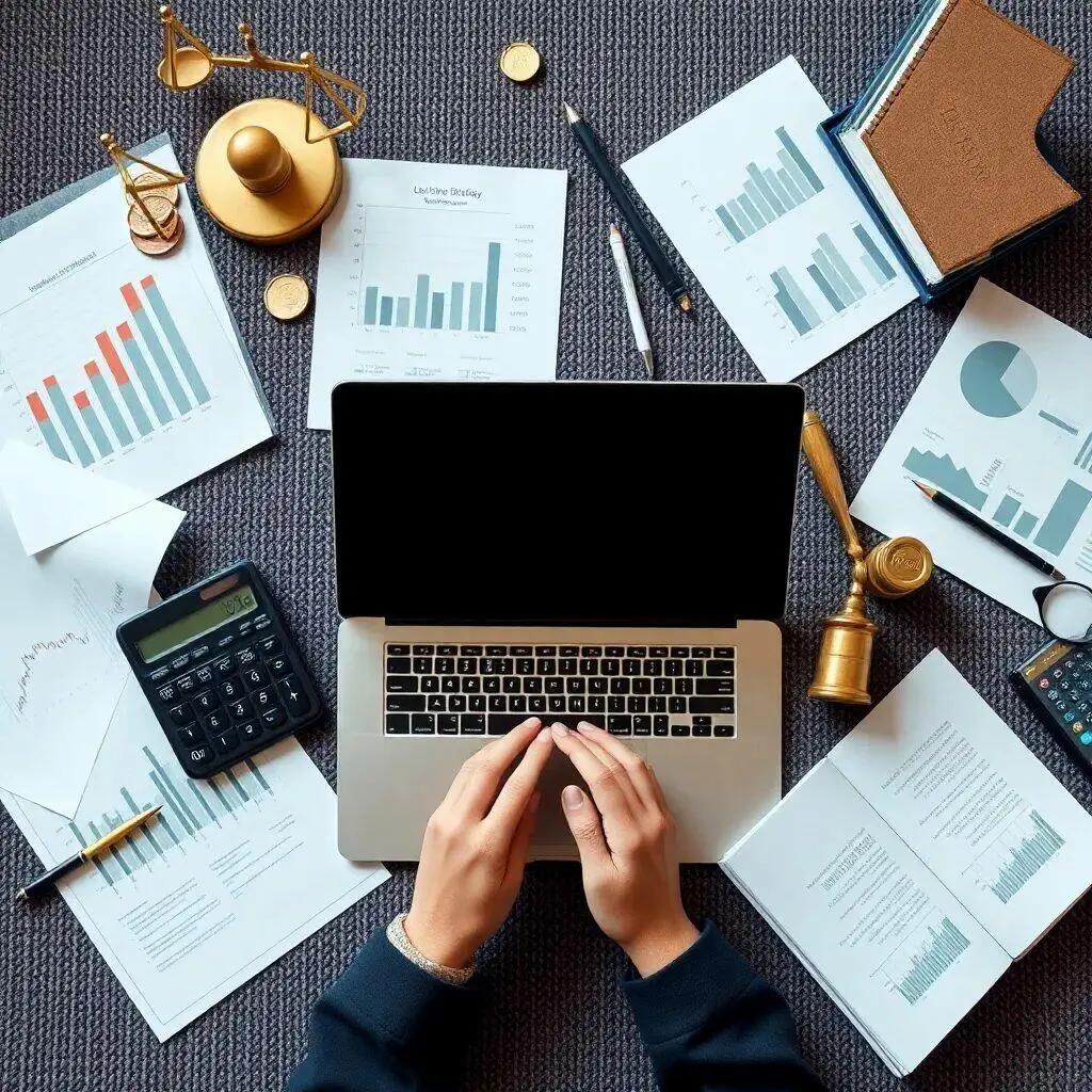 Texto alternativo: Imagen de un escritorio de trabajo con un ordenador portátil, documentos financieros, gráficos de datos y una calculadora. Se observan diferentes gráficos en papel que muestran análisis de datos, junto con una balanza de justicia y monedas, lo que sugiere un ambiente de análisis financiero o contable. La composición refleja un enfoque profesional y organizado en la gestión de información económica.