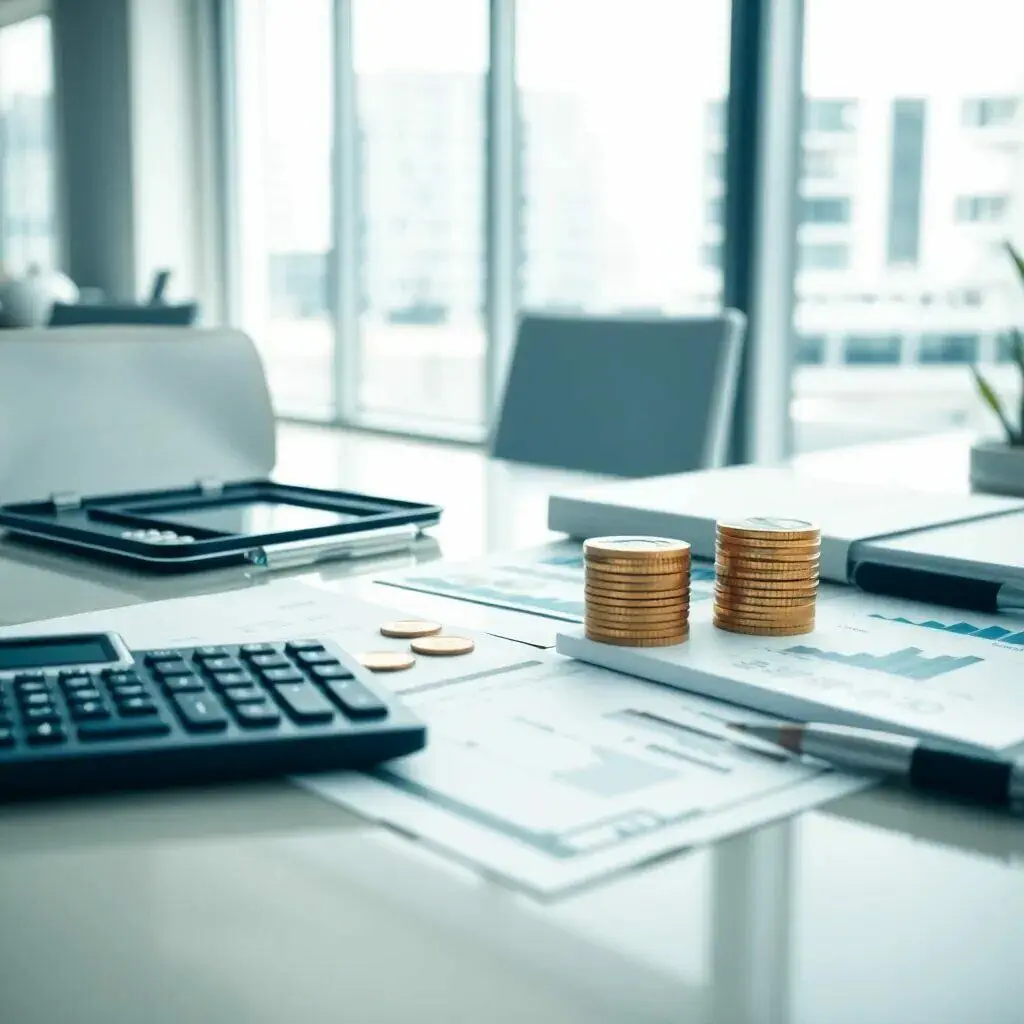 Imagen de un entorno de trabajo financiero que incluye una calculadora, gráficos y documentos de análisis. En primer plano, se observan pilas de monedas doradas, simbolizando el ahorro y la inversión. La luz natural entra a través de grandes ventanales, creando un ambiente profesional y moderno. Ideal para ilustrar temas relacionados con la contabilidad, finanzas personales o gestión de inversiones.