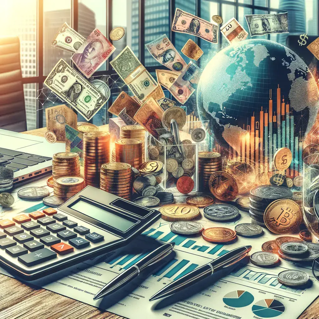 Imagen que representa el concepto de finanzas y economía, con una variedad de billetes y monedas esparcidos sobre una mesa de trabajo. Se observa un ordenador portátil, una calculadora y gráficos financieros que indican tendencias de mercado. En el fondo, un globo terráqueo destaca entre elementos visuales de datos y estadísticas, simbolizando el comercio global y la inversión. La composición evoca un ambiente profesional relacionado con el análisis financiero y la gestión de inversiones.