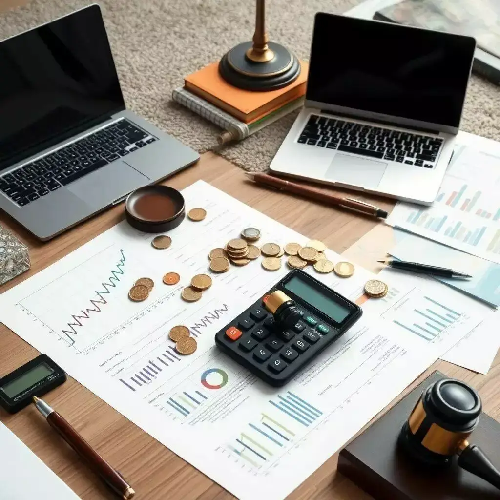Imagen de un espacio de trabajo financiero con dos laptops, una calculadora, monedas y gráficos. Los documentos muestran análisis de datos y tendencias económicas. El ambiente refleja un enfoque en la contabilidad y la gestión financiera, ideal para profesionales en finanzas o emprendedores. Elementos como una lámpara de escritorio y un bolígrafo añaden un toque de organización y productividad al entorno.